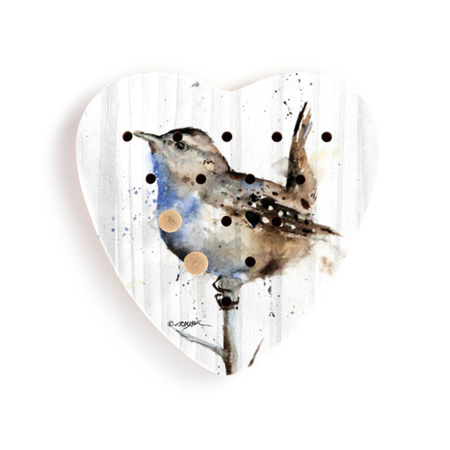 A heart shaped wood peg game with a watercolor painting of a wren, with two wood pegs in it.