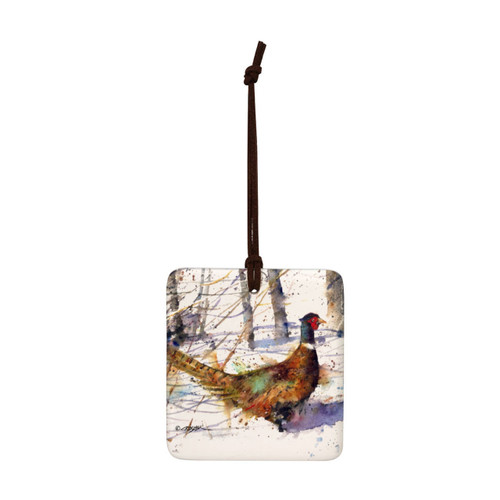 A square hanging ornament with a watercolor image of a ringneck.