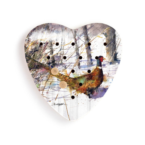 A heart shaped wood peg game with a watercolor painting of a ringneck, with two wood pegs in it.