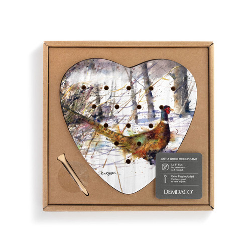 A heart shaped wood peg game with a watercolor painting of a ringneck, displayed in a packaging box with a product information tag.