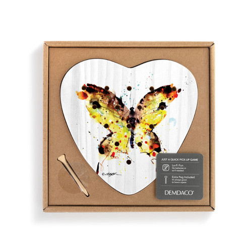 A heart shaped wood peg game with a watercolor painting of a butterfly, displayed in a packaging box with a product information tag.