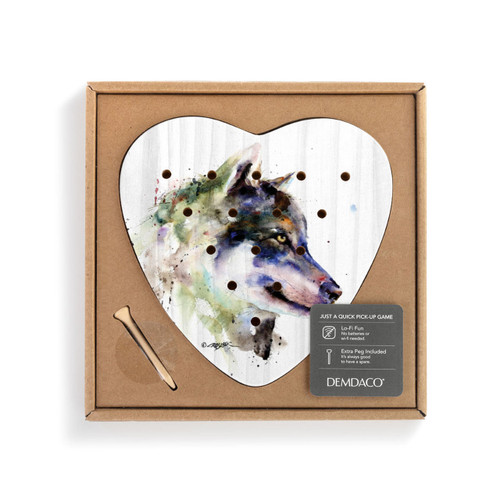 A heart shaped wood peg game with a watercolor painting of a wolf face in profile, displayed in a packaging box with a product information tag.