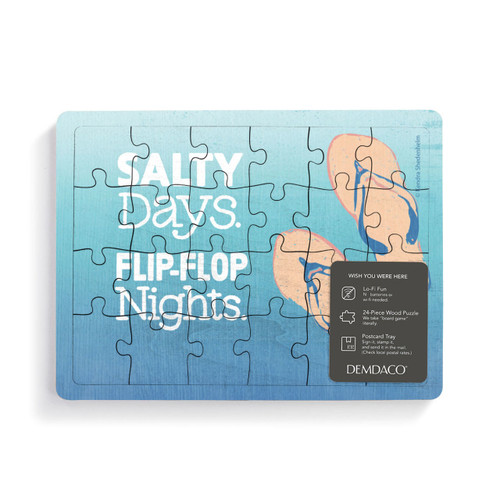 A 24 piece postcard puzzle with flip-flops and the saying "Salty Days. Flip-Flop Nights" on a blue background, with a product information tag attached.