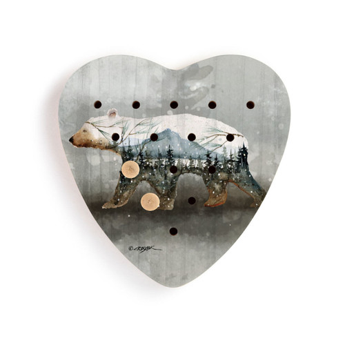 A heart shaped wood peg game with a watercolor painting of a polar bear, with two wood pegs in it.