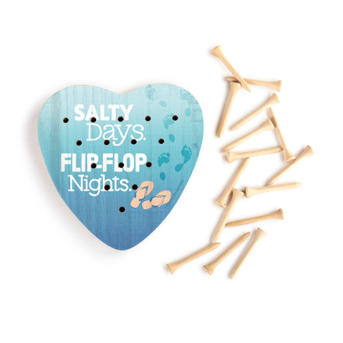 A blue heart shaped peg game with flip flops on it that says "Salty Days. Flip-Flop Nights", next to a set of wood pegs