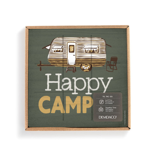 A dark green square board with a camper and the saying "Happy Camper" with lines for tic tac toe in a packaging box with a product information tag.