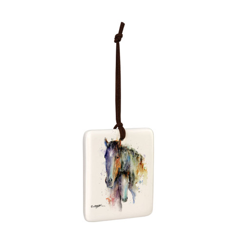 A square hanging ornament with a watercolor image of a pair of horses, displayed angled to the right.