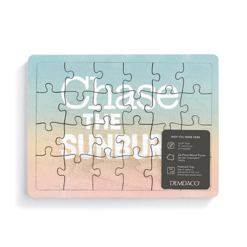 A 24 piece postcard puzzle with sunset colors that says "Chase the Sunburn".