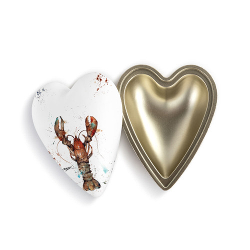 Heart shaped keeper box with a watercolor image of a lobster on the lid, which is offset to the base.