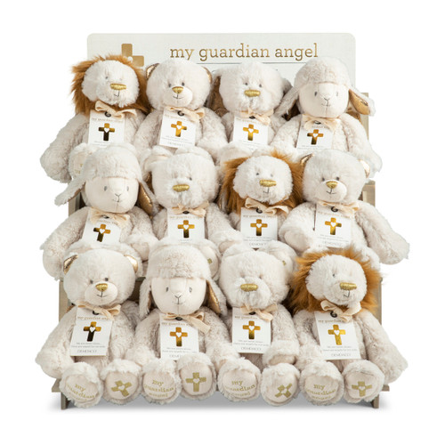 A three tier wood displayed with an assortment of guardian angel plush animals including a lion, lamb and bear.