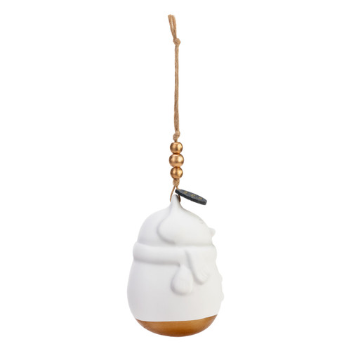 Right facing profile view of a white snowman shaped ornament with gold beads at the top and a rim of gold at the bottom. The ornament is a diffuser.