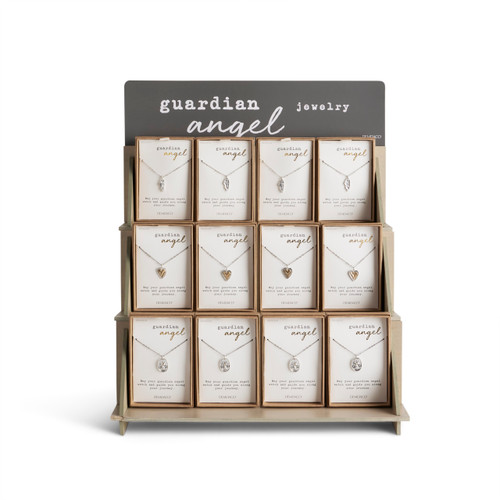 A three tier light wood displayer with an assortment of guardian angel jewelry in packaging boxes.