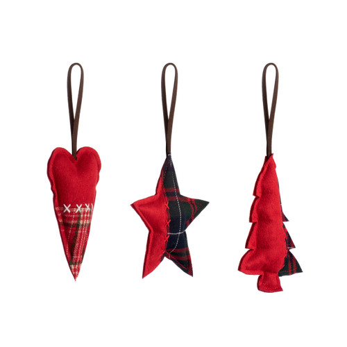 Red Fabric Holiday Shape Ornaments - 3 Assorted