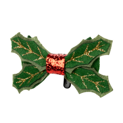 Green bowtie shaped like holly embellished with red sequins around the center, displayed angled to the left.