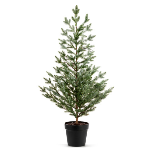 A large fake evergreen tree in a black planter.