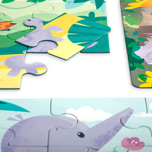 Close up view with one piece out of a set of four simple puzzles all in a cute elephant and forest theme ranging in size from two pieces to nine pieces.