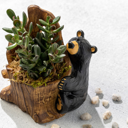 A figure of a black bear behind a stump styled bowl. In this image the bowl is used for a planter.