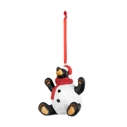 A hanging ornament of a black bear dressed like a snowman with a red scarf and Santa hat, displayed angled to the left.