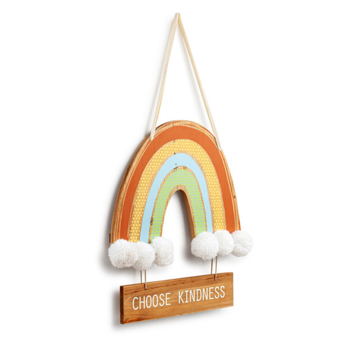 Rainbow shaped wood hanging door decoration with puffy white yarn at the base of the rainbow. There is a smaller sign at the bottom that says "Choose Kindness", displayed angled to the right.
