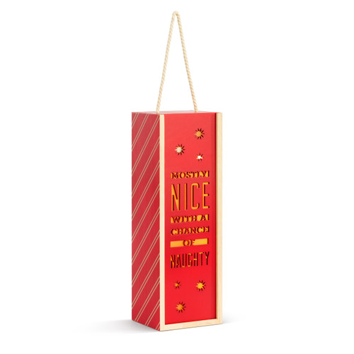 A red lit wood holiday lantern that says "Mostly Nice With A Chance of Naughty" with a rope handle at the top, displayed angled to the right.