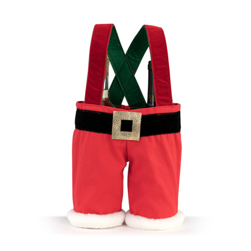 A double bottle bag shaped like Santa's pants with the suspenders as the handles, displayed with two wine bottles inside.