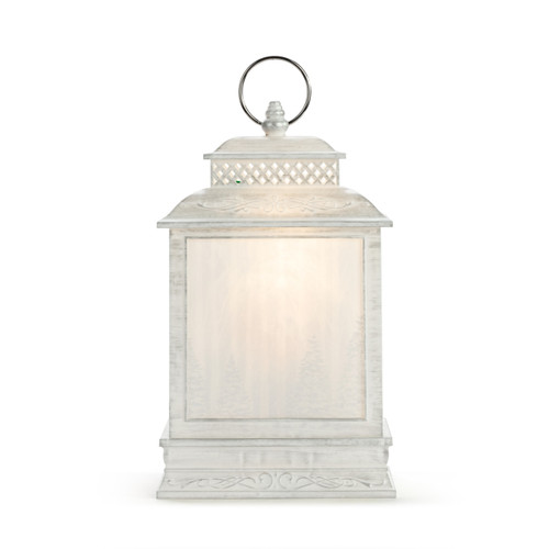 Back view of a white lit lantern with a snowman family in a snowy scene inside.