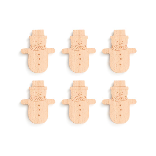 Set of six wood cut snowman shaped blocks used to play a balance game, displayed laid out on a white surface.