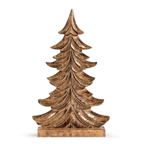 Stained wood tree figure that has been embellished with some gold.