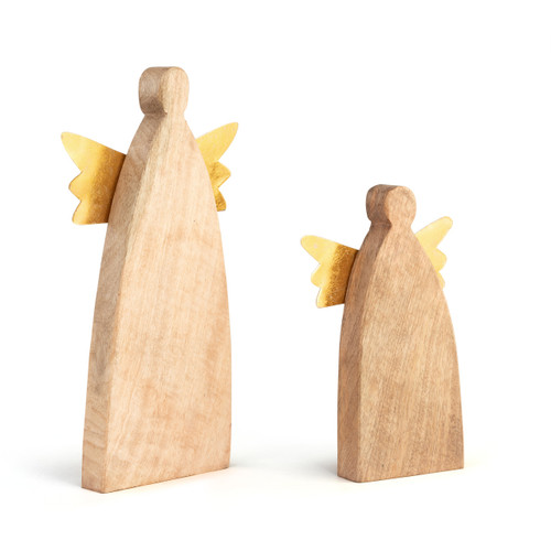 Two light wood angel figures in different sizes with attached gold wings, displayed angled to the right.