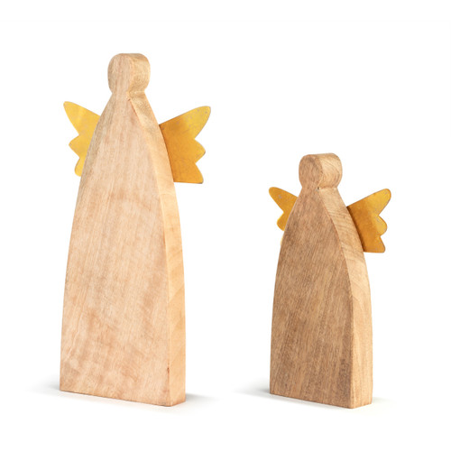 Two light wood angel figures in different sizes with attached gold wings, displayed angled to the left.