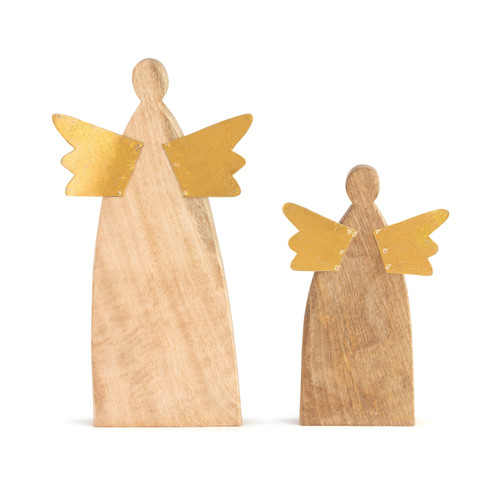 Back view of two light wood angel figures in different sizes with attached gold wings.