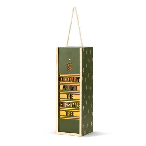 Tall rectangular pine wood lantern in dark green with a cutout on the front that says "Cocktailin' Around the Christmas Tree". The lantern has a rope handle, displayed angled to the left.