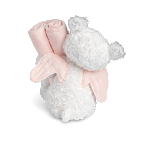 Back view of a white and brown teddy bear with pink angel wings holding a soft pink rolled blanket that says "A little angel sleeps here".