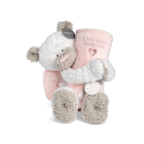 A white and brown teddy bear with pink angel wings holding a soft pink rolled blanket that says "A little angel sleeps here", displayed with a product tag attached.