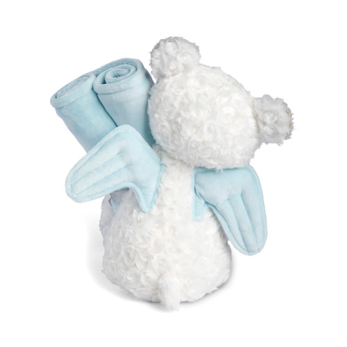 Back view of a white and brown teddy bear with blue angel wings holding a soft blue rolled blanket that says "A little angel sleeps here".