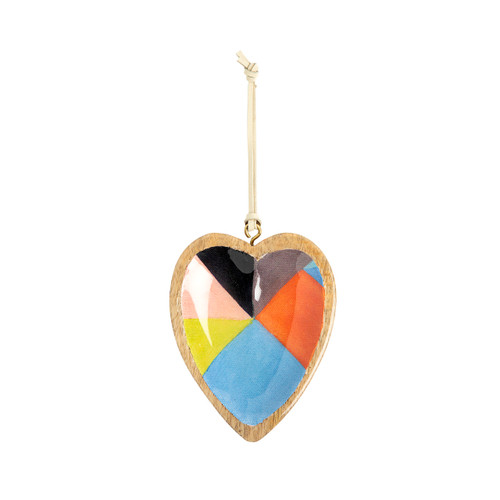 A hanging heart shaped wood ornament with a multicolored geometric artwork inside inspired by ArtLifting artist Jeffrey Powers.
