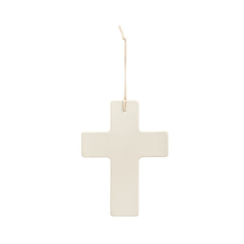 Back view of a cream ceramic hanging cross with a blue accent and says Bless this Child with a silver token at the top.