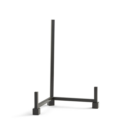A large black metal display stand with square iron bars and feet, displayed angled to the right.