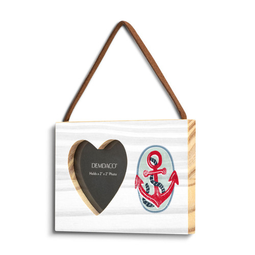 A rectangular hanging white wood frame ornament with a graphic image of a red anchor and a 2x2 heart shaped opening for a photo, displayed angled to the left.