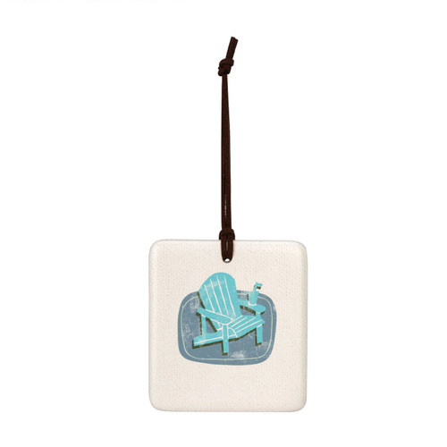 A square hanging tile ornament with a graphic image of a blue Adirondack chair on a gray background.