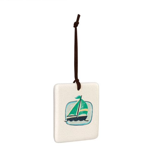 A square hanging tile ornament with a graphic image of a green sailboat on a light green background, displayed angled to the right.
