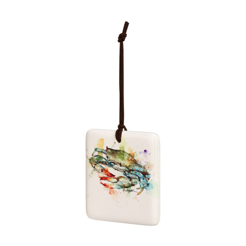 A square hanging tile ornament with a watercolor image of a blue crab, displayed angled to the left.