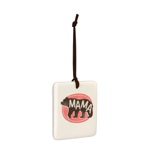 A square hanging tile ornament with a graphic image of a walking bear that says "MAMA" on a pink background, displayed angled to the right.