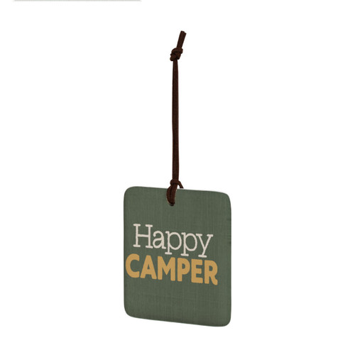 A square dark green hanging tile ornament that says "Happy Camper", displayed angled to the left.
