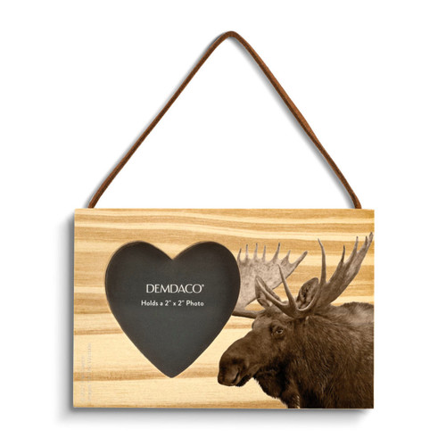 A rectangular wood hanging ornament with a heart shaped 2 inch photo opening next to an image of a moose.