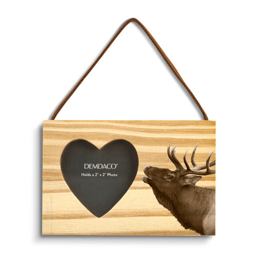 A rectangular wood hanging ornament with a heart shaped 2 inch photo opening next to an image of an elk.