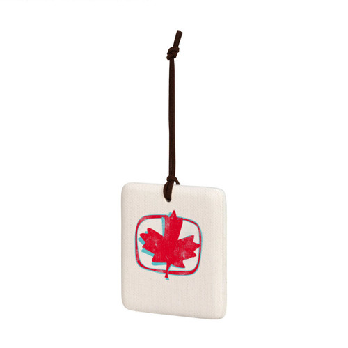 A square hanging tile ornament with a graphic image of a red maple leaf, displayed angled to the left.
