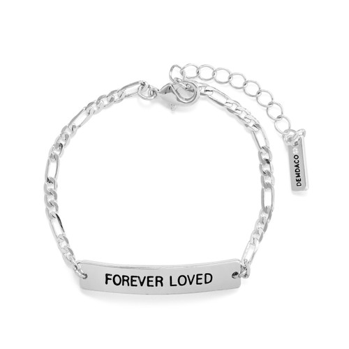 An adjustable silver chain bracelet with a metal bar that says "Forever Loved".