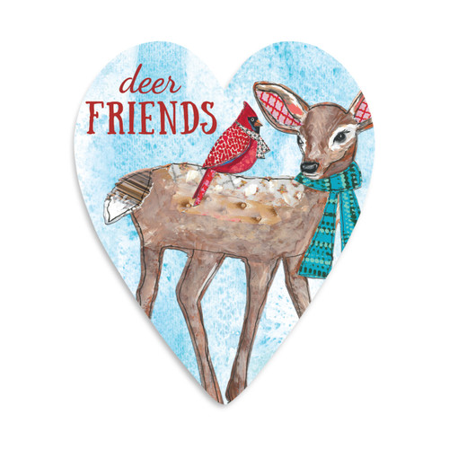 A heart shaped 100 piece puzzle of a deer in a scarf with a red bird on his back that says "deer Friends".