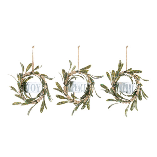 Three wreath ornaments with greenery and cream beads. Each ornament has a different word in the center. The words are "Merry", "Peace" and "Joy", displayed angled to the left.